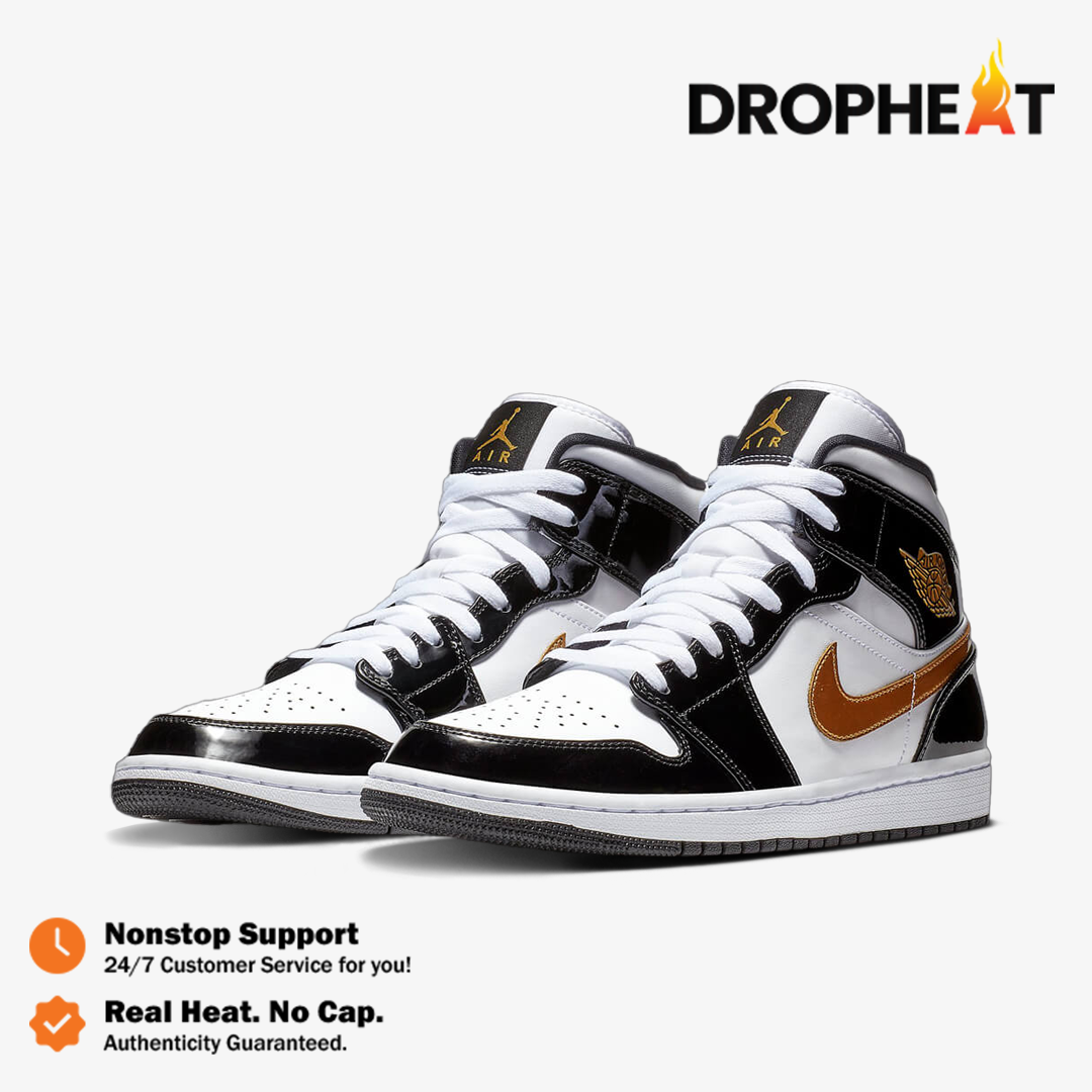 Nike Air Jordan 1 Mid Patent Black White Gold Black Gold Authentic - Image 4