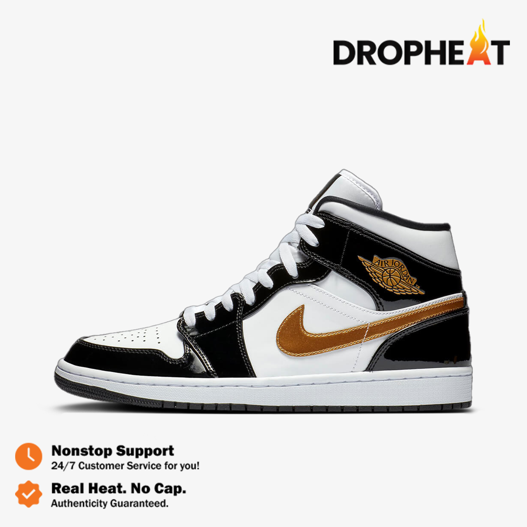 Nike Air Jordan 1 Mid Patent Black White Gold Black Gold Authentic - Image 2