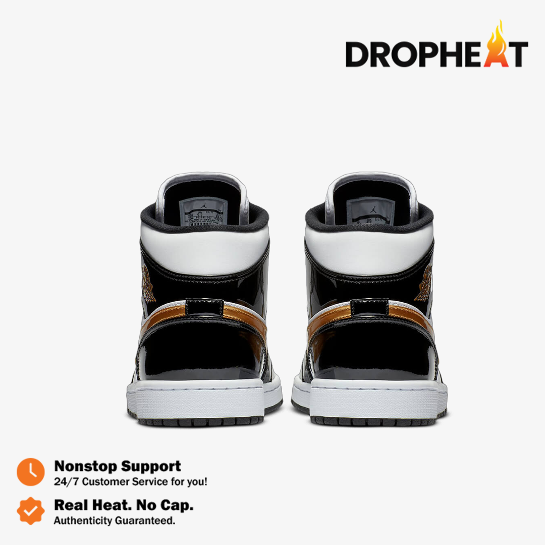 Nike Air Jordan 1 Mid Patent Black White Gold Black Gold Authentic - Image 5