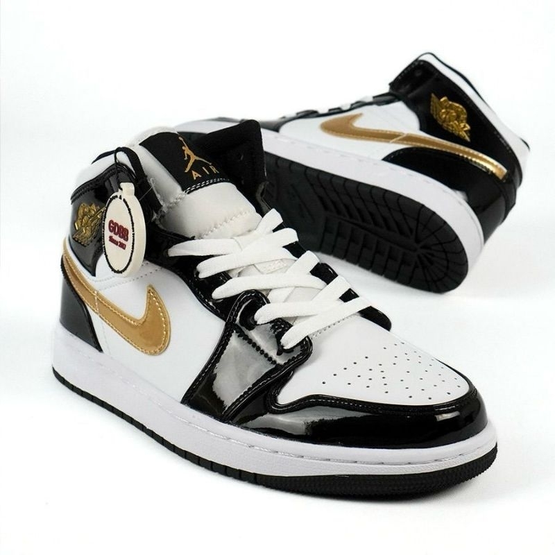 Nike Air Jordan 1 Mid Patent Black White Gold Black Gold Authentic - Image 3